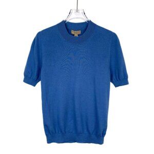 Burberry Blue Wool Short-Sleeve Knit Top with Logo Intarsia